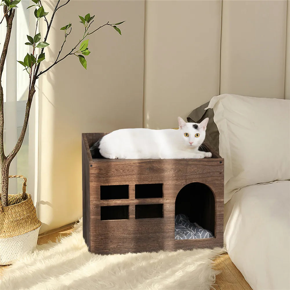 Durable Wooden Cat Sleep Lounge with Cushion Pad for Indoor Cats