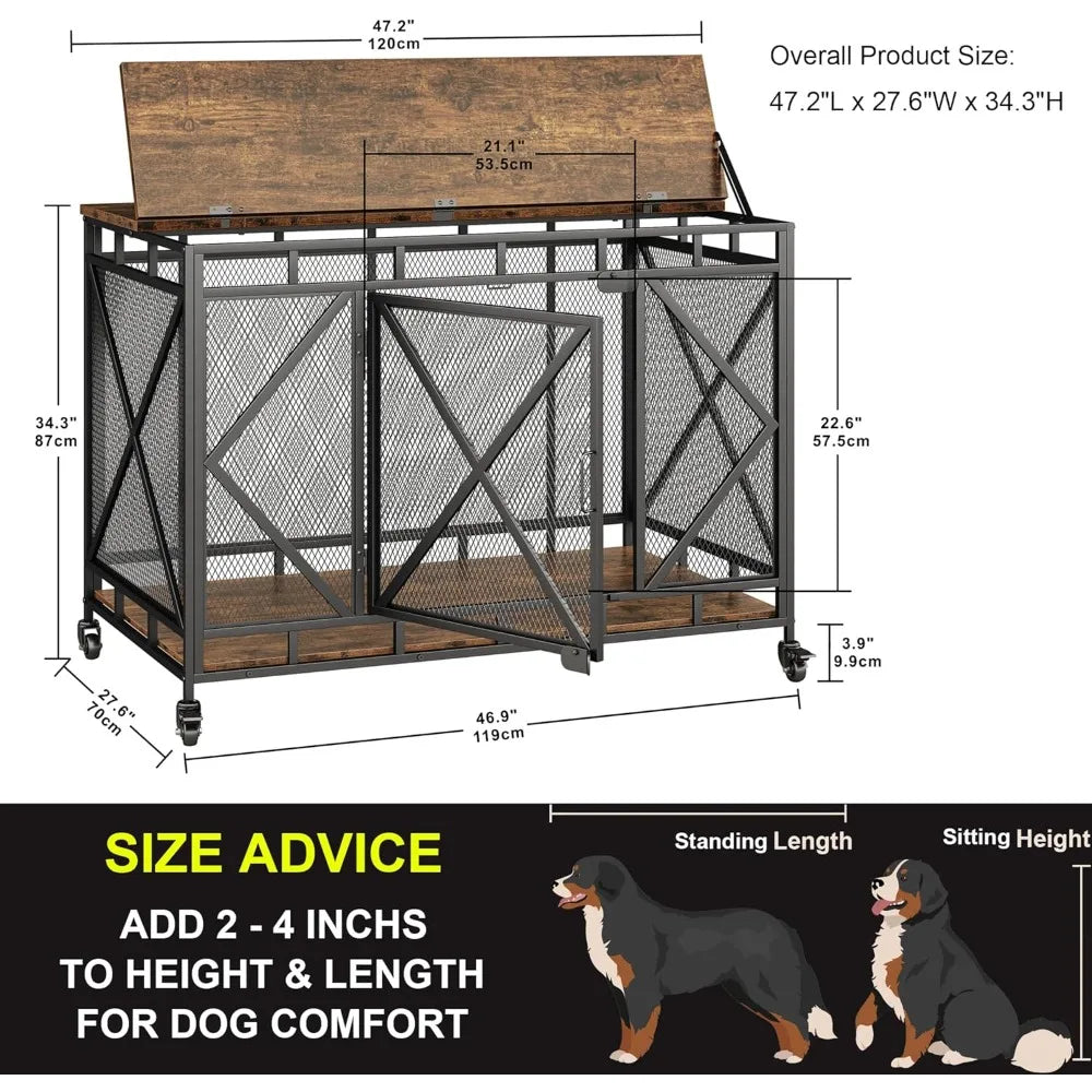 48" Crate Furniture With Wheels For Medium-Large Dogs