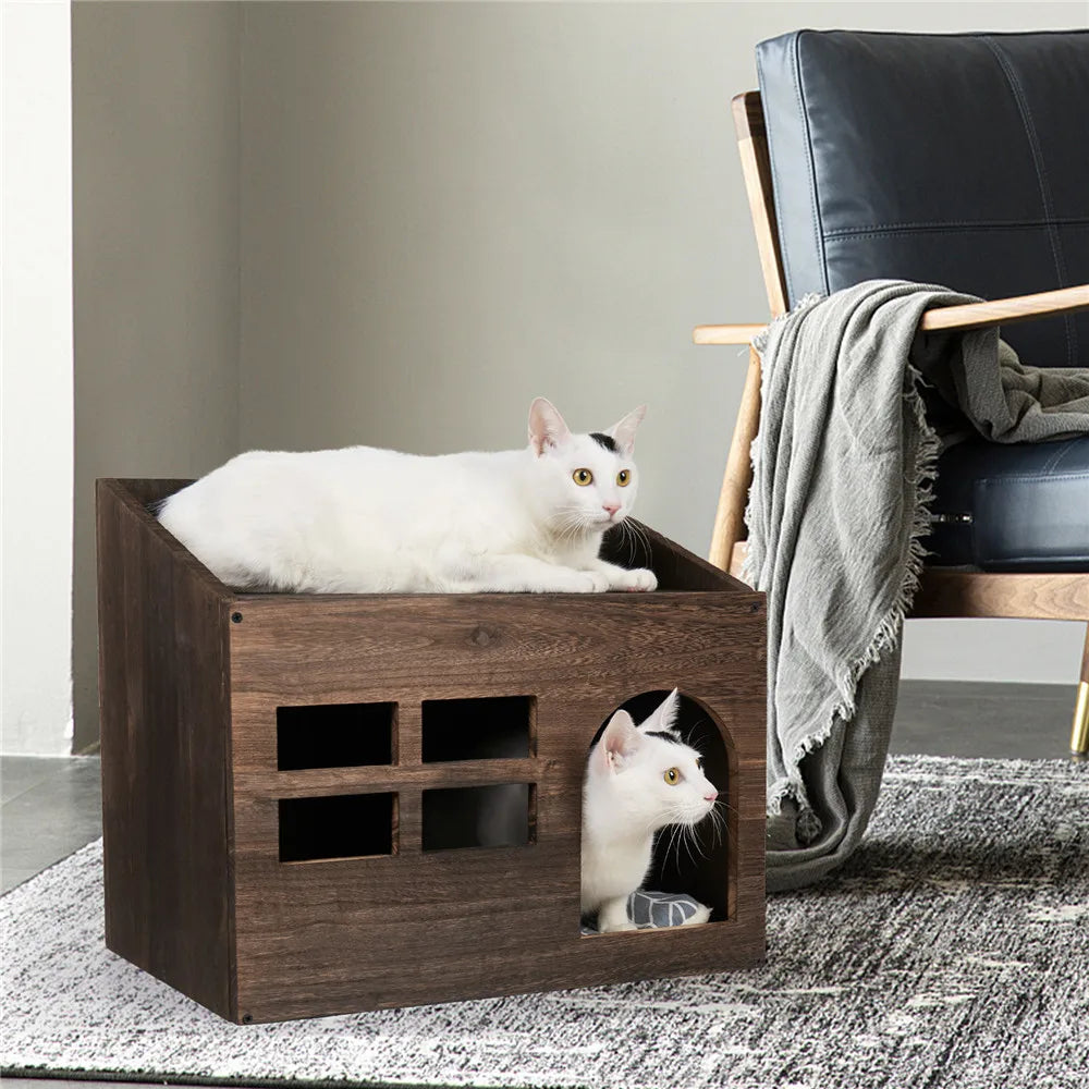 Durable Wooden Cat Sleep Lounge  with Cushion Pad for Indoor Cats