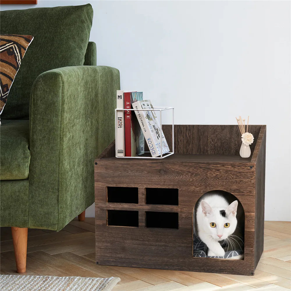 Durable Wooden Cat Sleep Lounge  with Cushion Pad for Indoor Cats