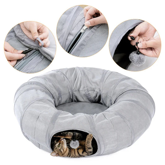 Kitty Large Cat Tunnel Toys Cat Pop Up Bed Collapsible Cat Rabbit Round Tunnel with Central Mat Cushion Tubes Игрушки для кошек