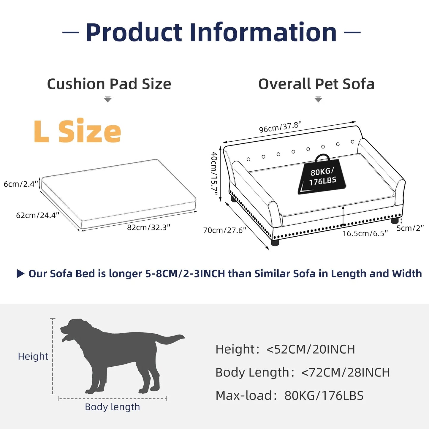 Upholstered Dog Sofa Bed With Solid Wood Legs & Detachable Pad