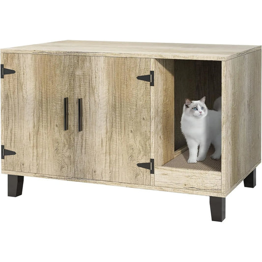 Wooden Hidden Cat Litter Box Furniture with Cat Scratch Pad