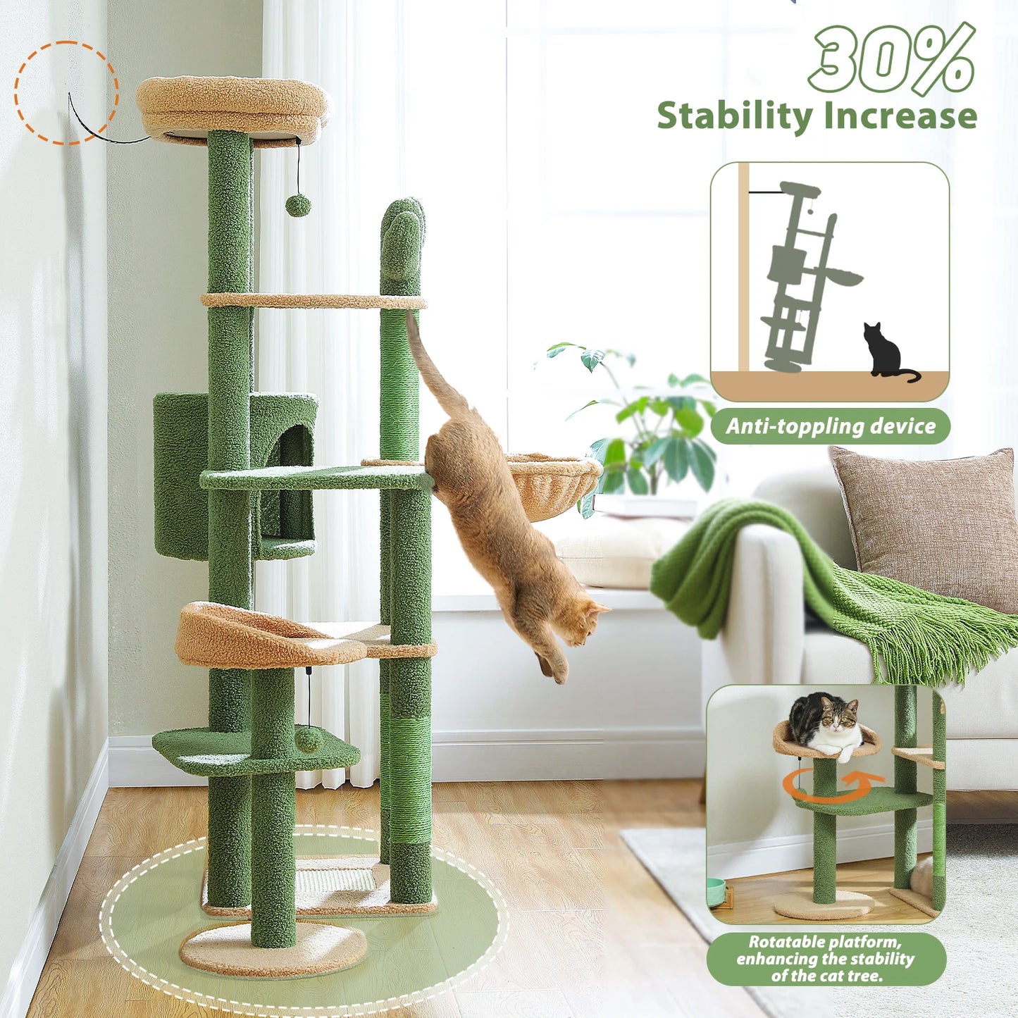 Multi-Level Cactus Cat Tower With Large Hammock, Scratching Post & 2 Perches