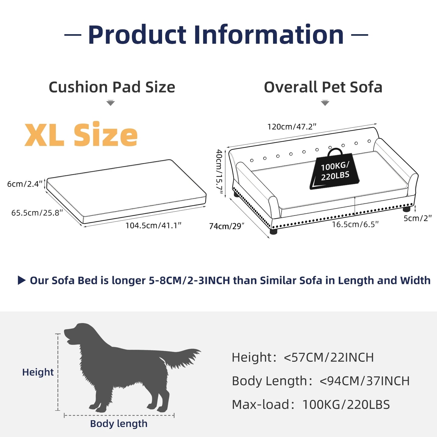 Upholstered Dog Sofa Bed With Solid Wood Legs & Detachable Pad