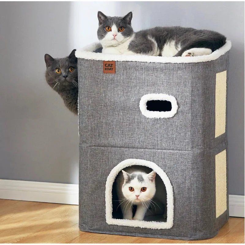 Cute Modern 2-Storey Cat Condo with Scratch Pad and Hideaway Cave