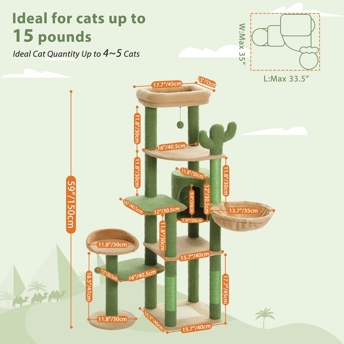 Multi-Level Cactus Cat Tower With Large Hammock, Scratching Post & 2 Perches