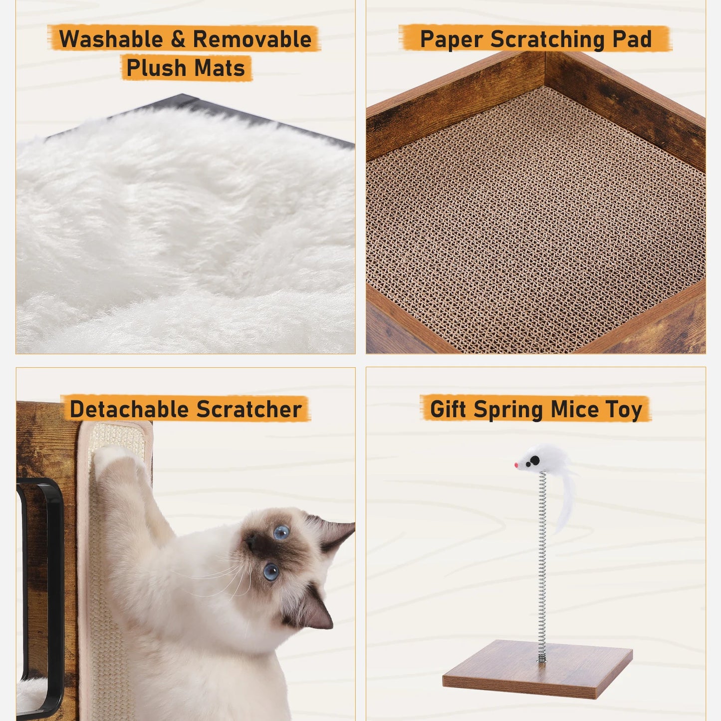 Purrfect Wooden Cat Retreat-Sleep, Scratch, Play With Plush Mats, Scratching Pad & Cat toy