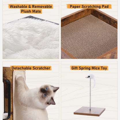 Purrfect Wooden Cat Retreat-Sleep, Scratch, Play With Plush Mats, Scratching Pad & Cat toy