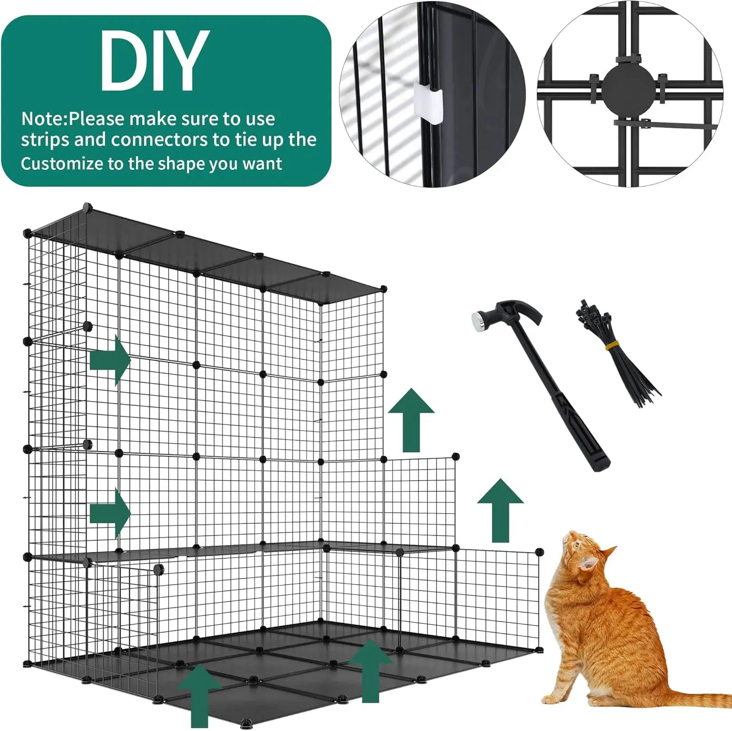 indoor-Outdor Large Catio with Storage Cube DIY Metal Playpen with Hammock Platforms for 1-4 Cats