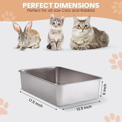 Stainless Steel Cat Litter Box With High Sides - Never Absorbs Odor, Stains or Rusts For Cats & Rabbits