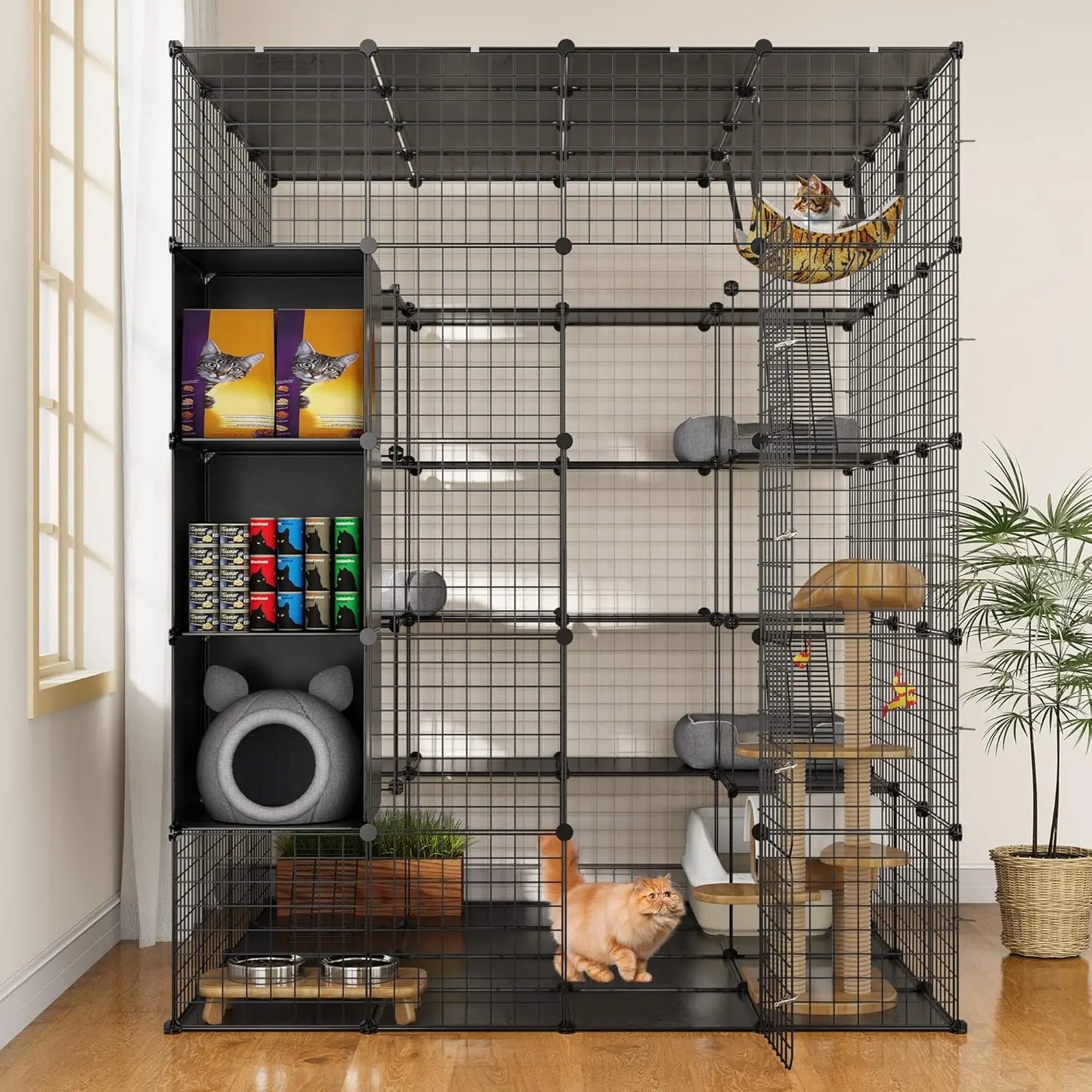 indoor-Outdor Large Catio with Storage Cube DIY Metal Playpen with Hammock Platforms for 1-4 Cats