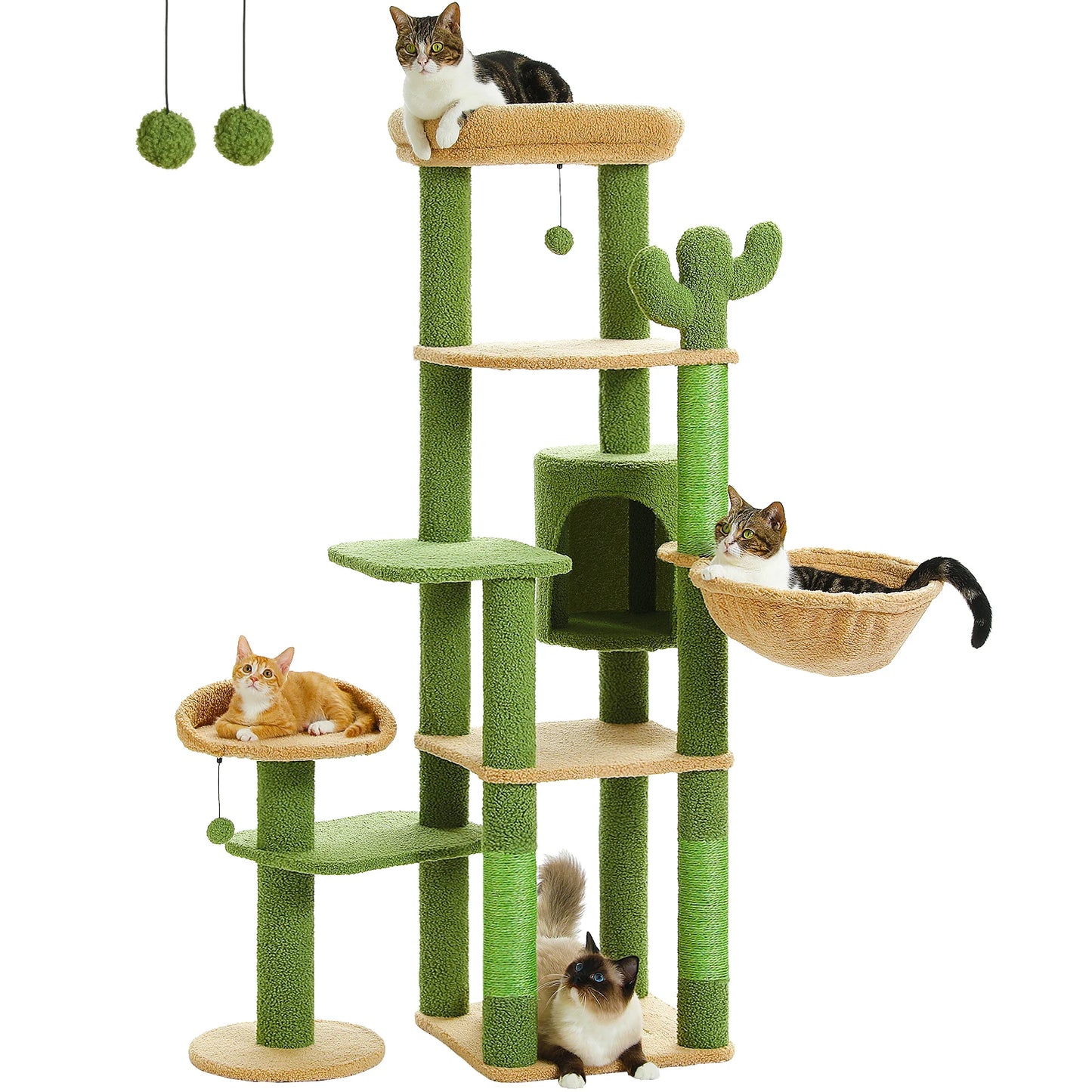 Multi-Level Cactus Cat Tower With Large Hammock, Scratching Post & 2 Perches