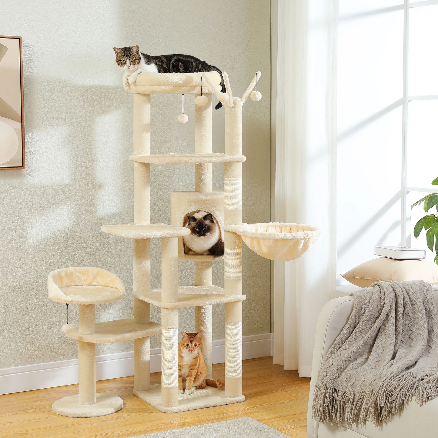 Multi-Level Cactus Cat Tower With Large Hammock, Scratching Post & 2 Perches