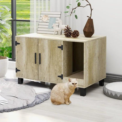 Wooden Cat Litter Box Furniture  with Scratch Pad