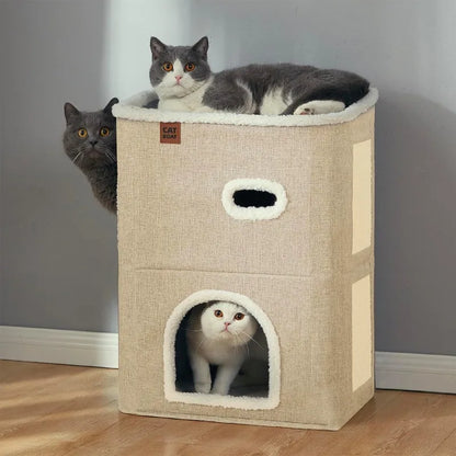 Cute Modern 2-Storey Cat Condo with Scratch Pad and Hideaway Cave