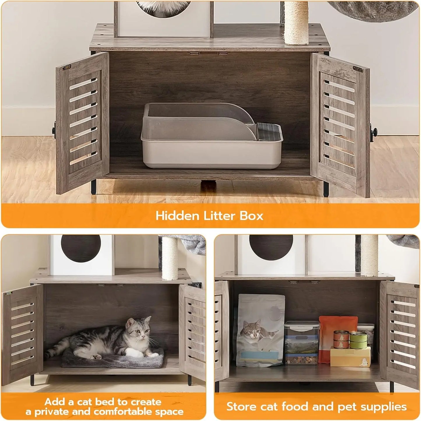 All-in-One Wooden Cat Condo Furniture with Litter Box Enclosure & Scratching Posts