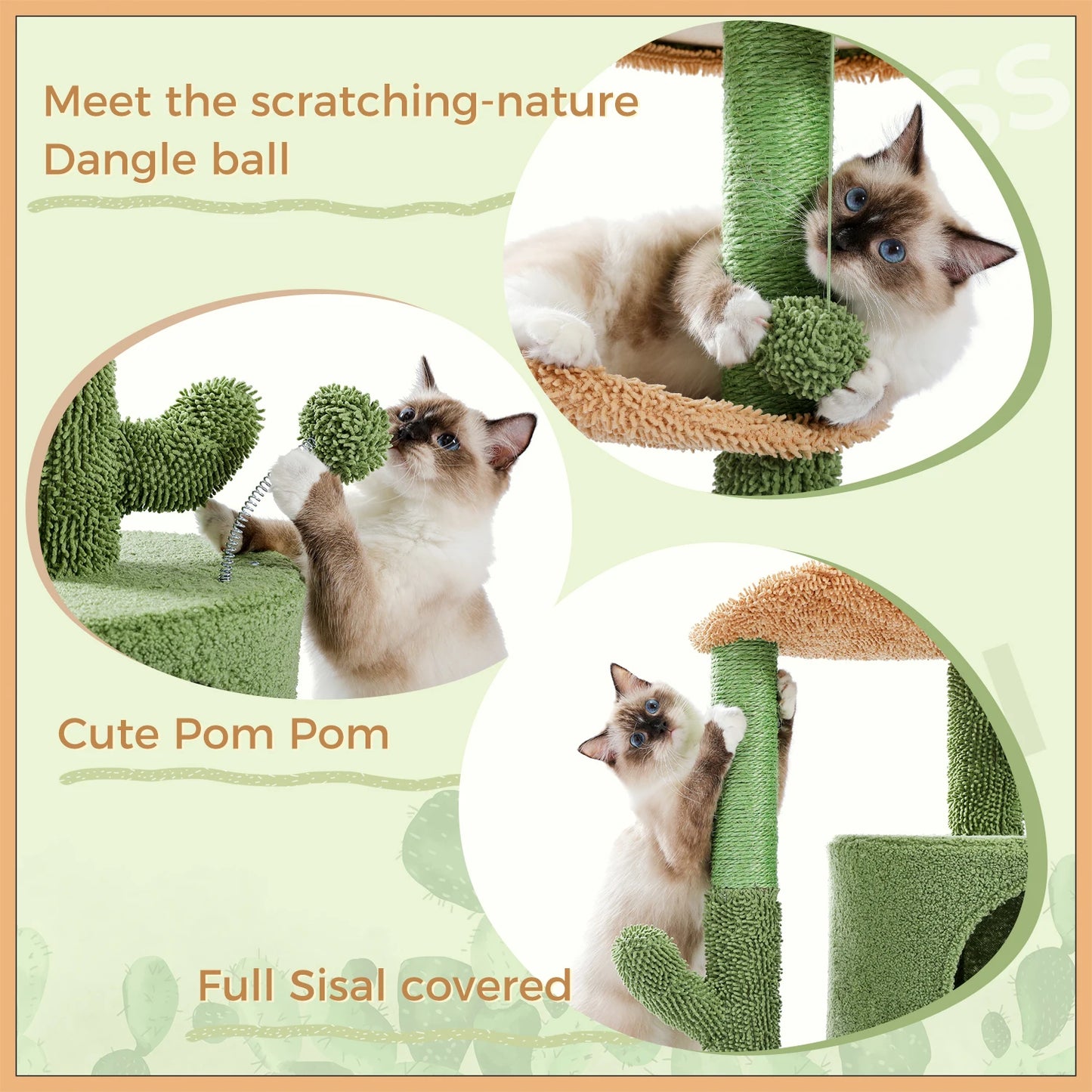 Cactus Cat Tower with Sisal Covered Scratching Post, Plush Perches and Fluffy Ball For Cats Up to 12Lbs