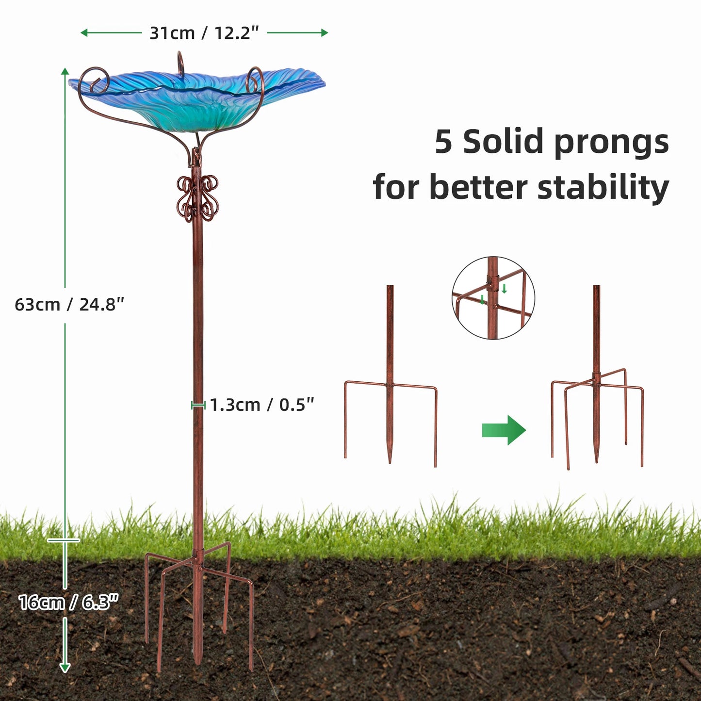 Outdoor Garden Glass Birdbath or Bowl Birdfeeder with 4-Prong Freestanding