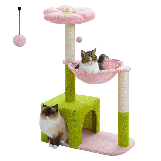 Flower Cat Tower With Large Metal Frame Hammock, Sisal Scratching Posts & Pink Or Blue Perch