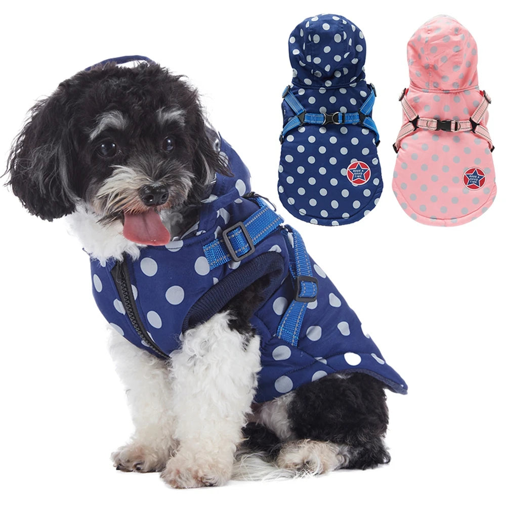 Outdoor Waterproof Winter Coat With Hoodie & Harness Zipper For Small Dogs & Cats