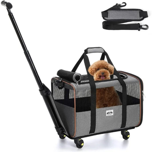 Dog or Cat Carrier with Wheels Airline Approved Rolling  Carrier with Telescopic Handle and Shoulder Strap