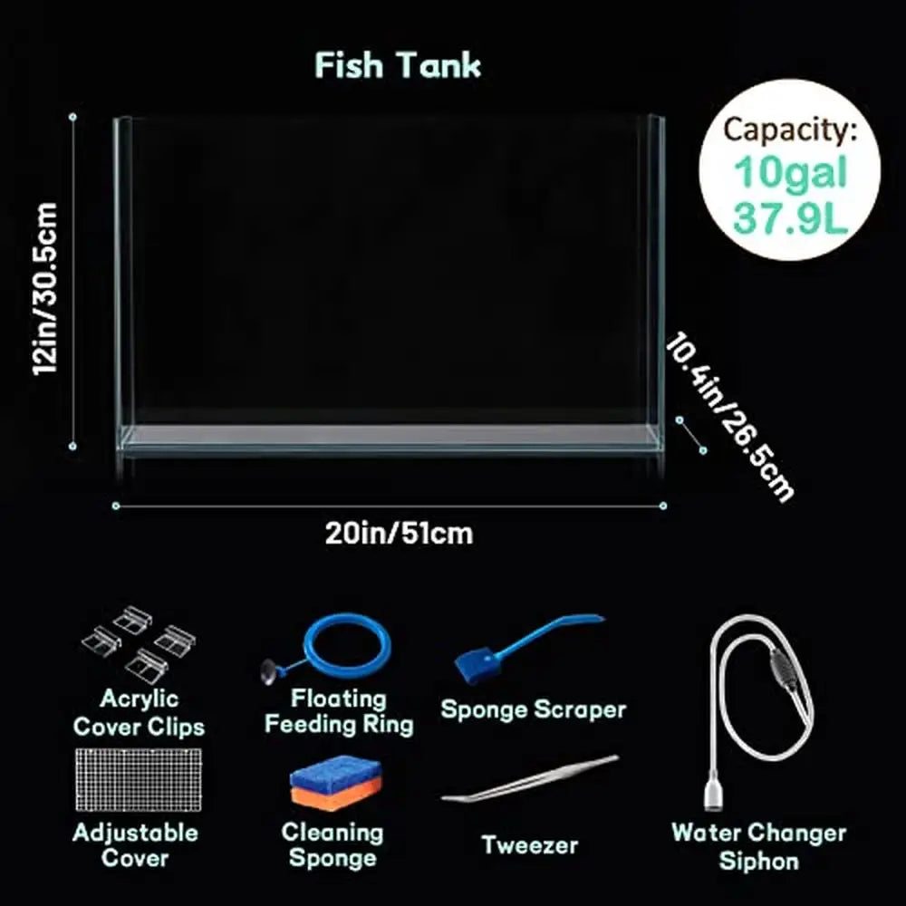 Ultra Clear Rimless Glass 10 Gallon Aquarium with Cover & Accessorie & Cleaning set