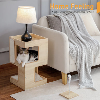 Purrfect Wooden Cat Retreat-Sleep, Scratch, Play With Plush Mats, Scratching Pad & Cat toy