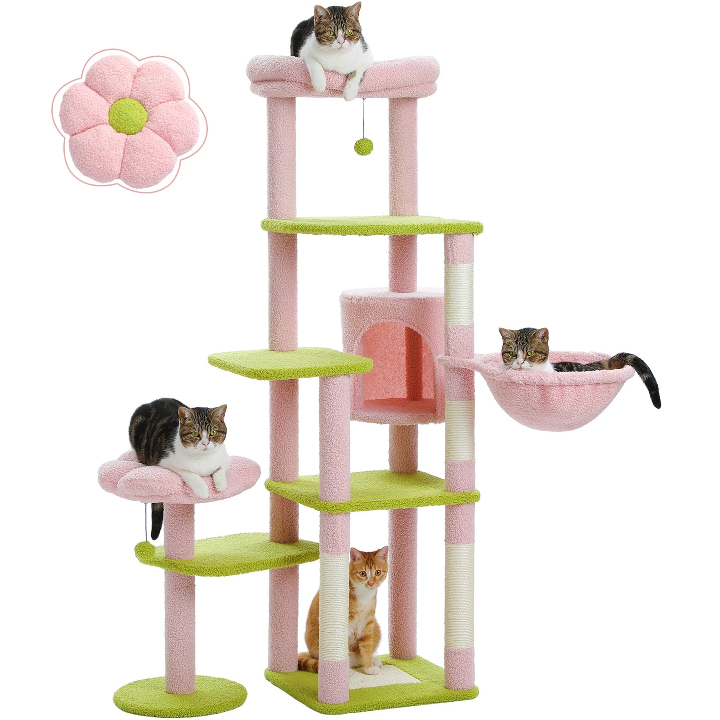 Multi-Level Cactus Cat Tower With Large Hammock, Scratching Post & 2 Perches