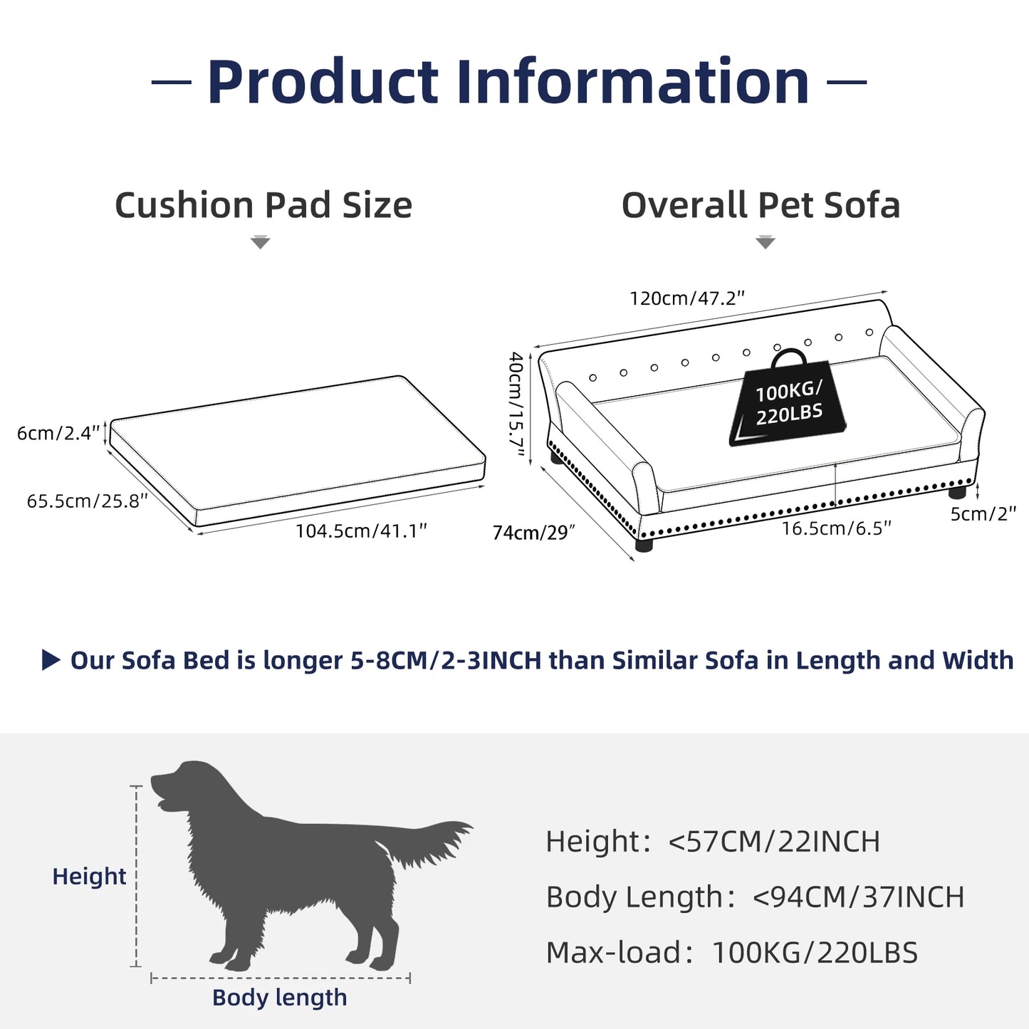 Upholstered Dog Sofa Bed With Solid Wood Legs & Detachable Pad