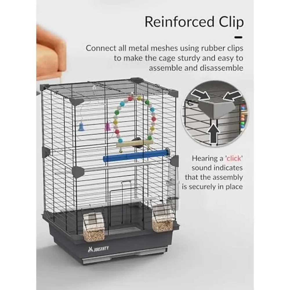 Small Metal Portable Bird Cage with Standing Stick, Swing, Feeder&Easy Clean 3-Tier Spacious