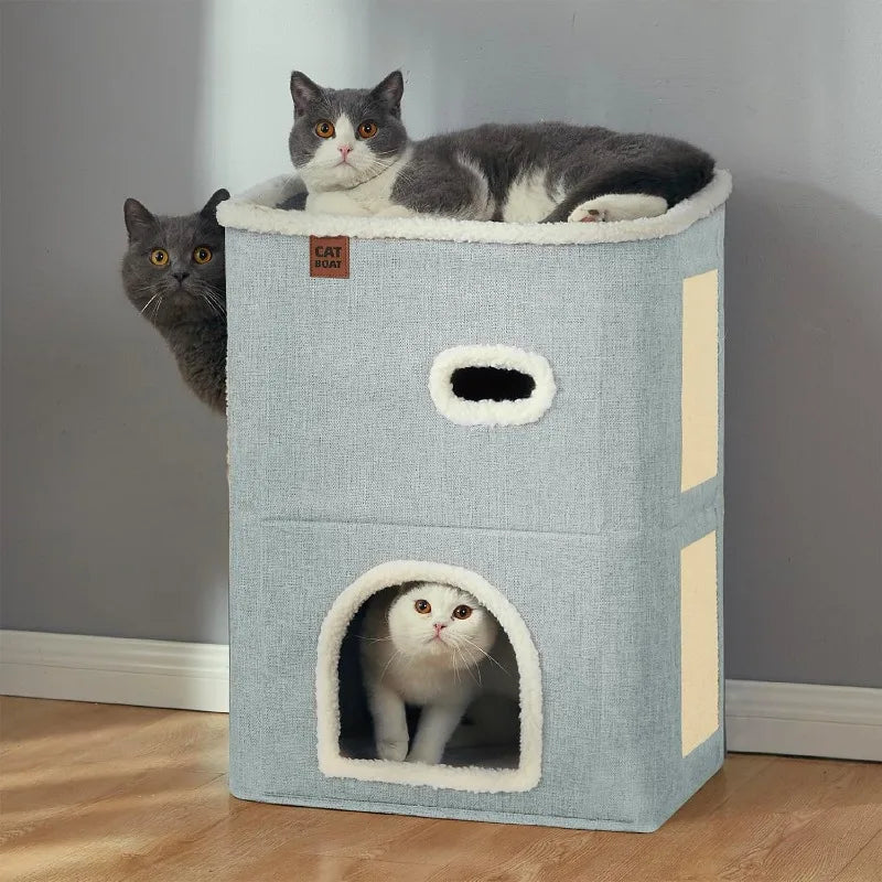 Cute Modern 2-Storey Cat Condo with Scratch Pad and Hideaway Cave