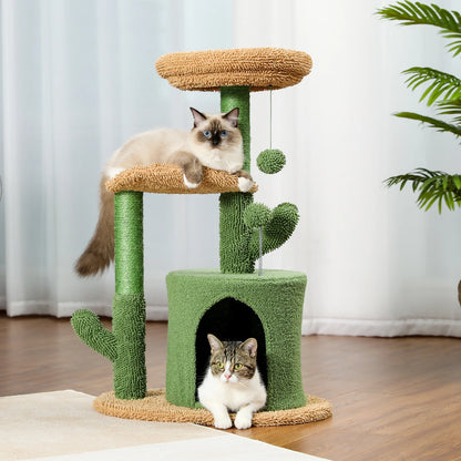 Cactus Cat Tower with Sisal Covered Scratching Post, Plush Perches and Fluffy Ball For Cats Up to 12Lbs