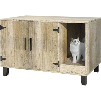 Wooden Cat Litter Box Furniture  with Scratch Pad