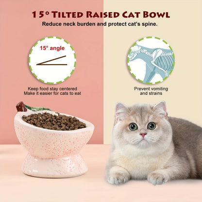 Elevated Cat Food Bowl - Shallow Wide Ceramic Bowl for Whisker Fatigue - Small Cat Feeding Bowls