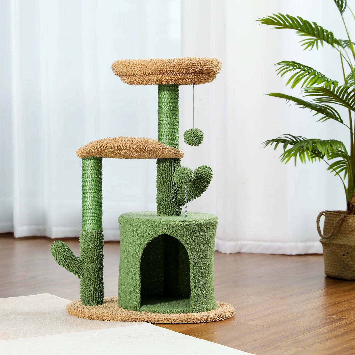 Cactus Cat Tower with Sisal Covered Scratching Post, Plush Perches and Fluffy Ball For Cats Up to 12Lbs