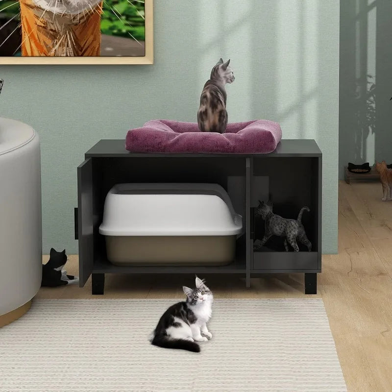 Wooden Cat Litter Box Furniture  with Scratch Pad