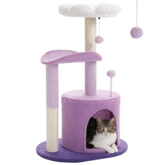 Flower Cat Tree with Large Condo, Cat Tower for Indoor with Sisal Scratching Post, Curved Platform, Perch Condo, H84 cm