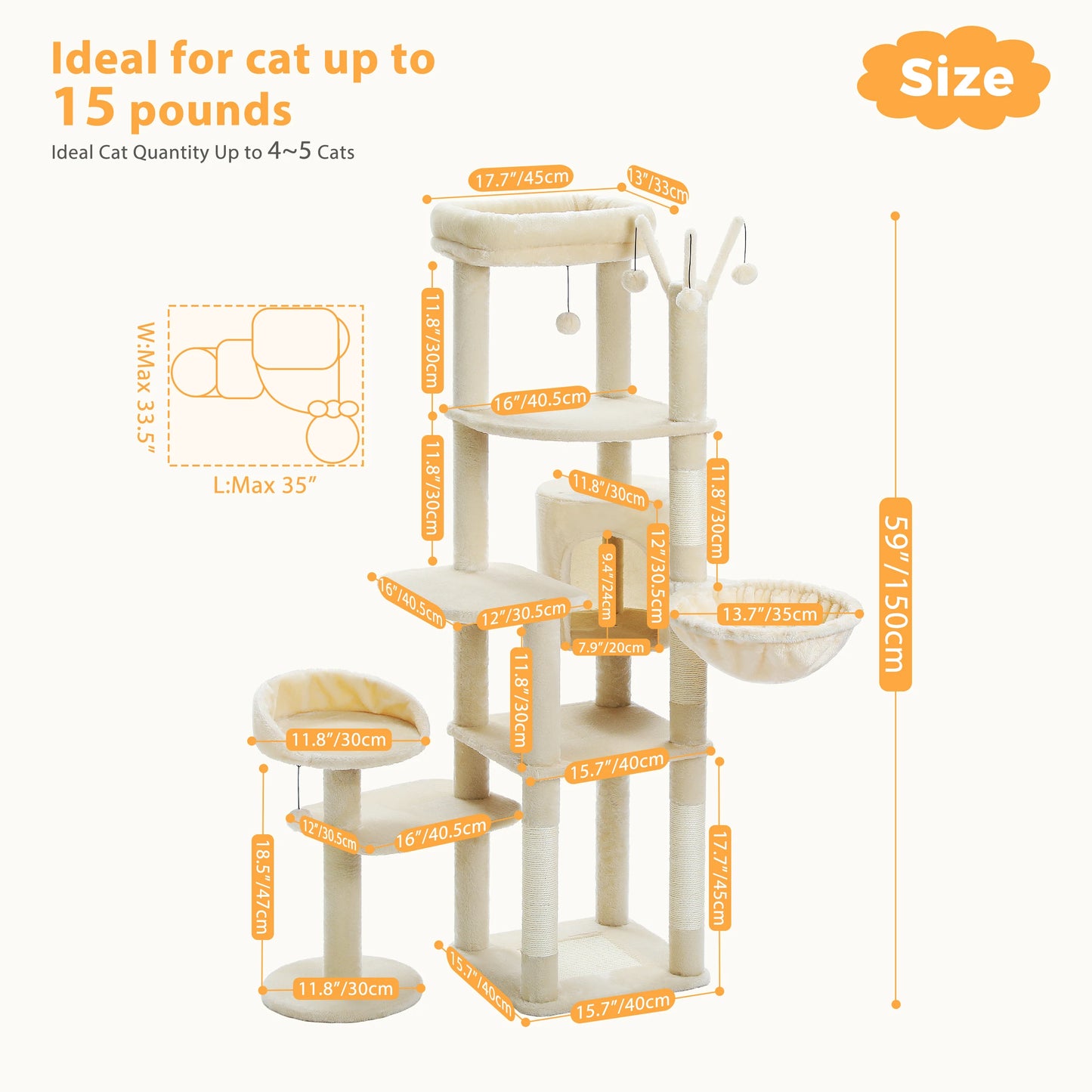 Multi-Level Cactus Cat Tower With Large Hammock, Scratching Post & 2 Perches