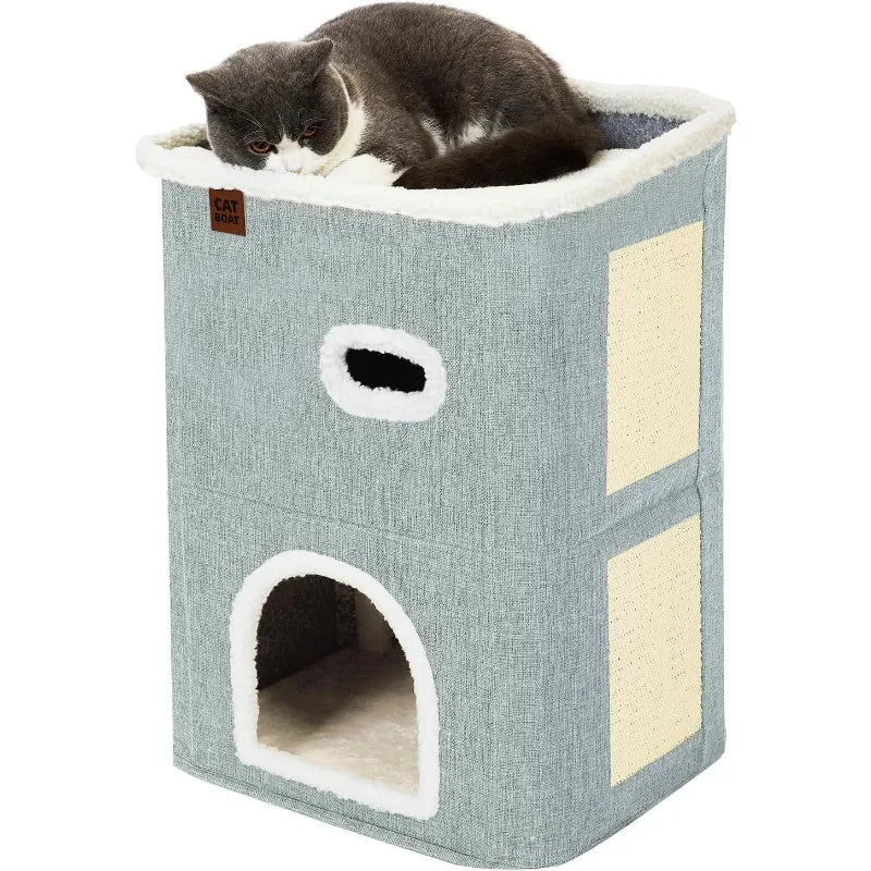 Cute Modern 2-Storey Cat Condo with Scratch Pad and Hideaway Cave