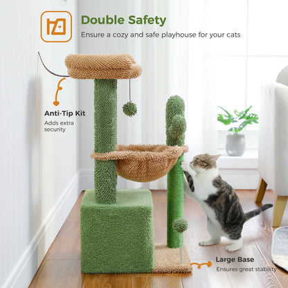 Cactus Cat Tower With Scratching Post, Deep Hammock And Cozy Top Perch