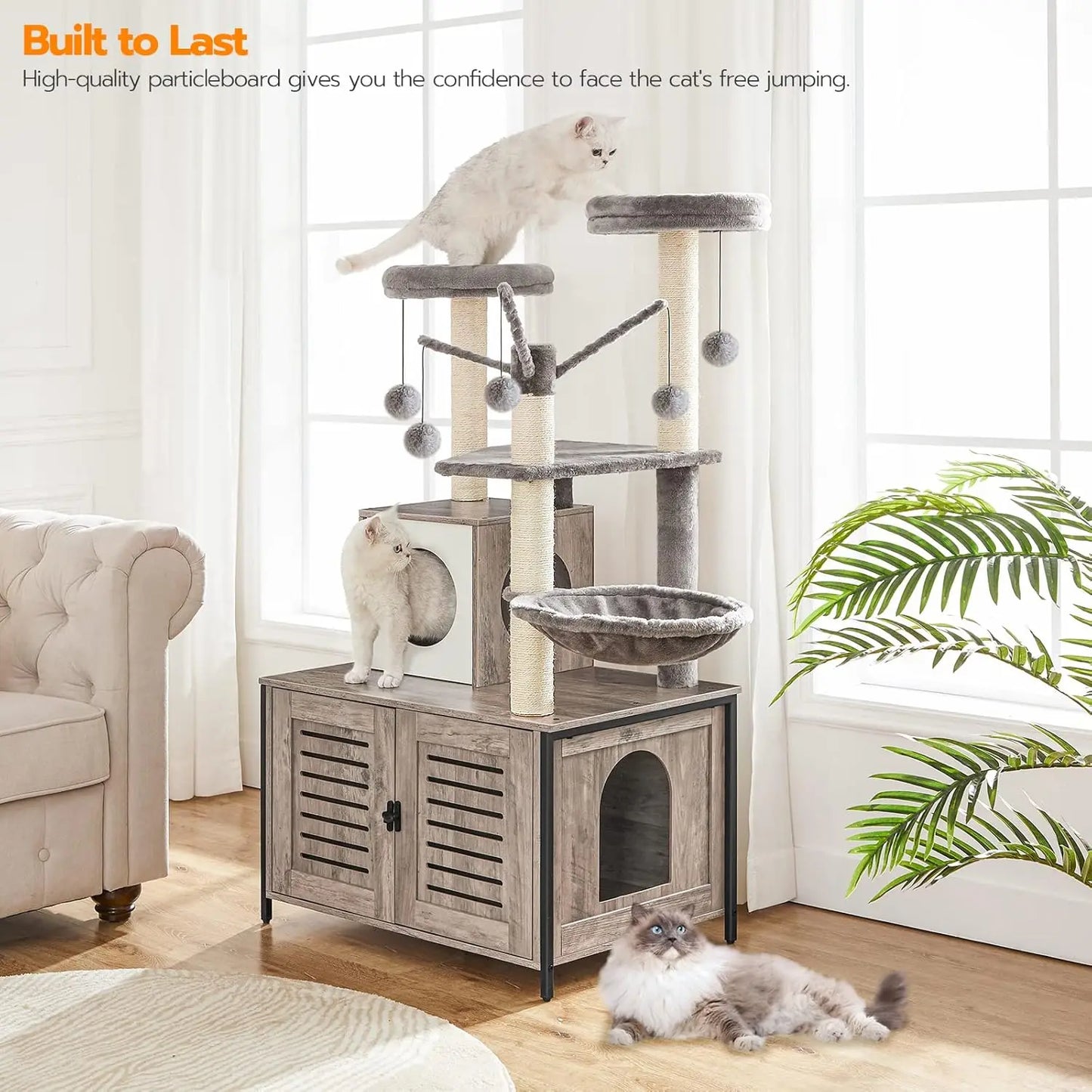 All-in-One Wooden Cat Condo Furniture with Litter Box Enclosure & Scratching Posts