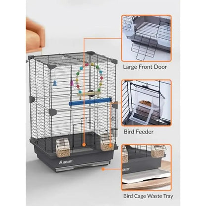 Small Metal Portable Bird Cage with Standing Stick, Swing, Feeder&Easy Clean 3-Tier Spacious