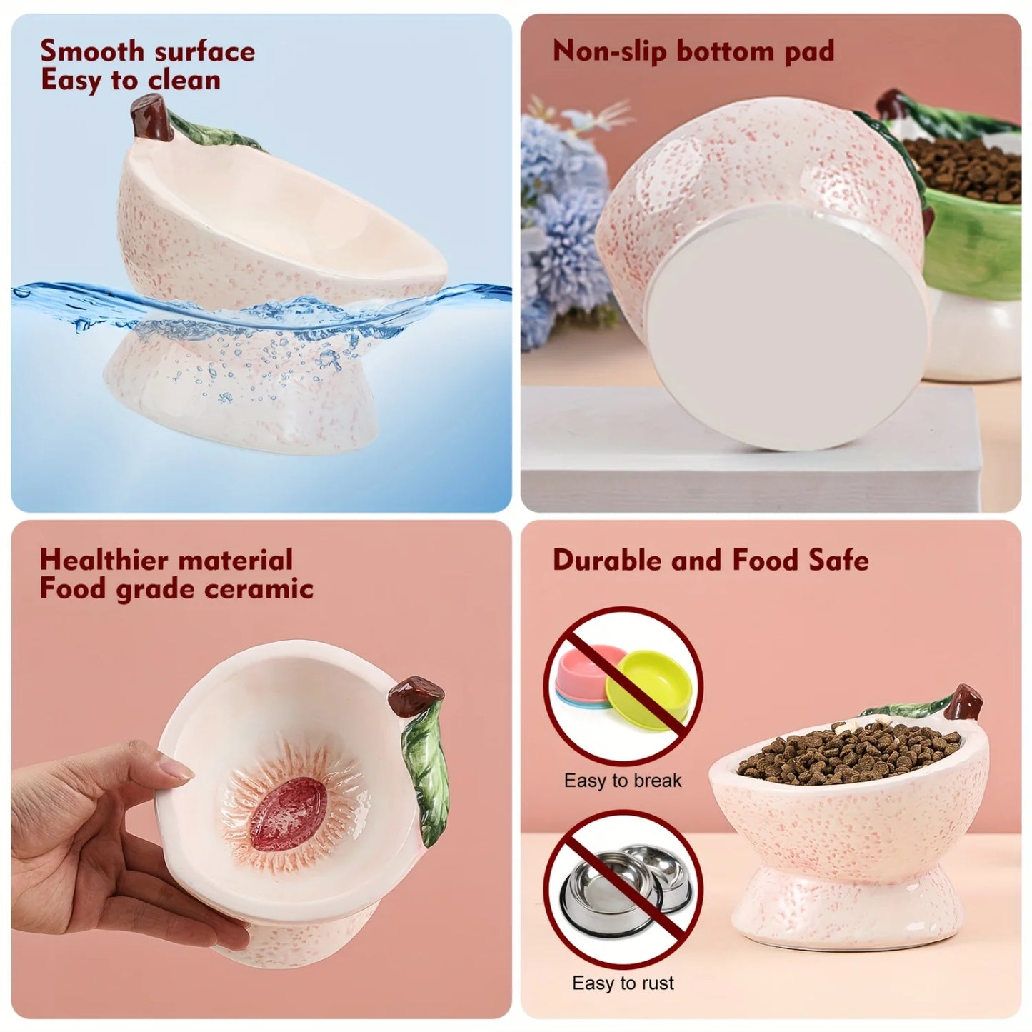 Elevated Cat Food Bowl - Shallow Wide Ceramic Bowl for Whisker Fatigue - Small Cat Feeding Bowls