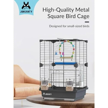 Small Metal Portable Bird Cage with Standing Stick, Swing, Feeder&Easy Clean 3-Tier Spacious