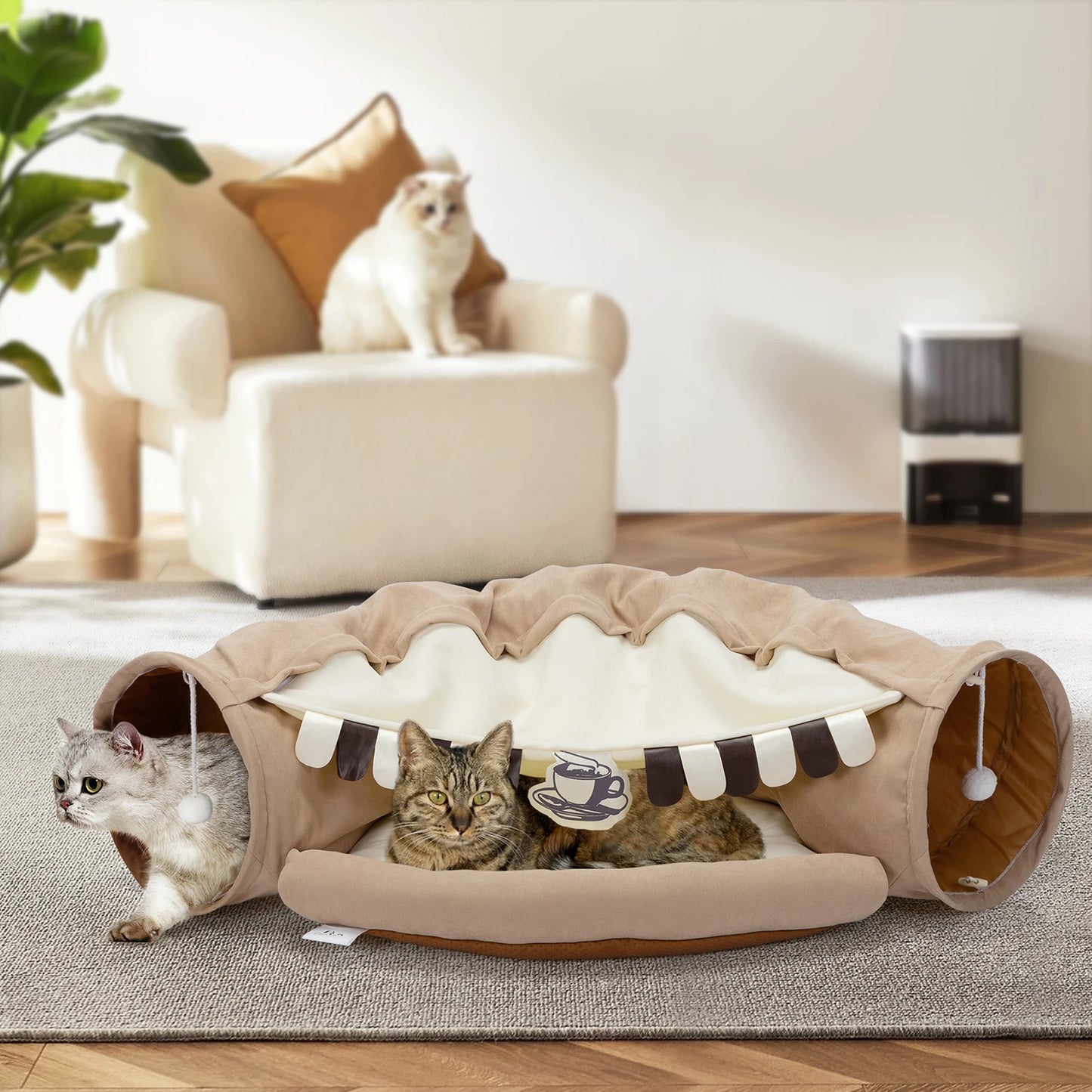 Collapsible Cat Tunnel Bed-With Hanging Toys and Cushion Mat