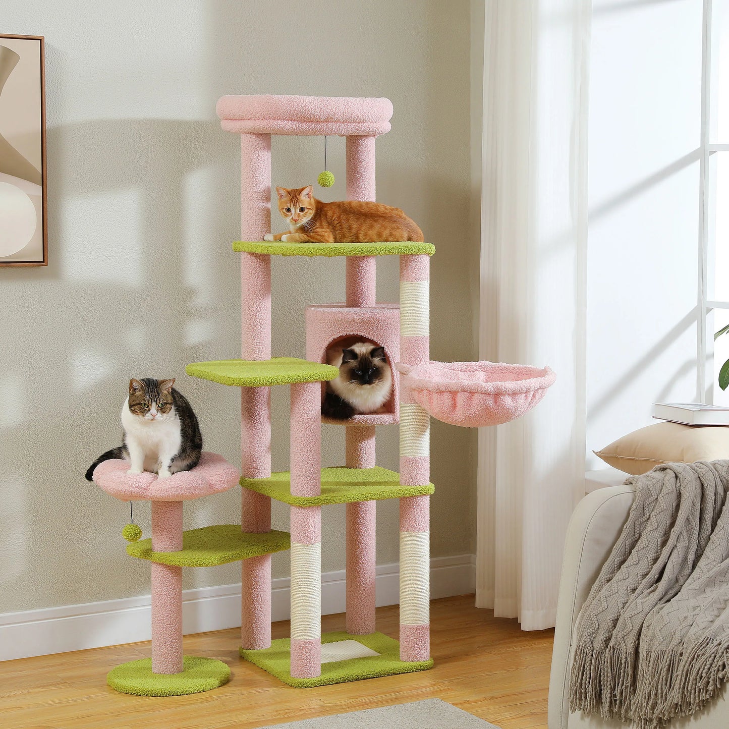 Multi-Level Cactus Cat Tower With Large Hammock, Scratching Post & 2 Perches