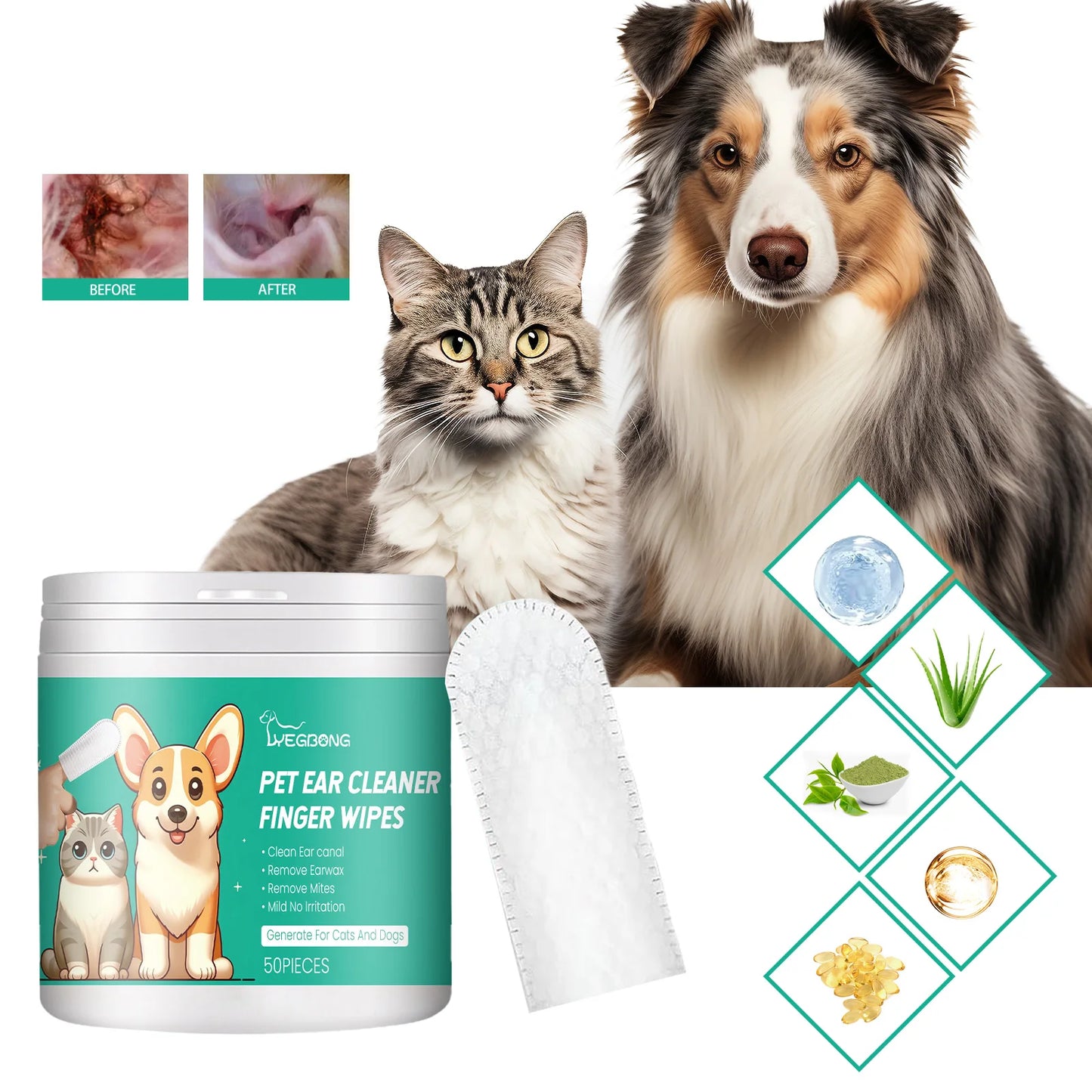 Pet Finger Cleaning Wipes -Eyes Stain, Ears Cleaning, Including Dental Care For Cats & Dogs