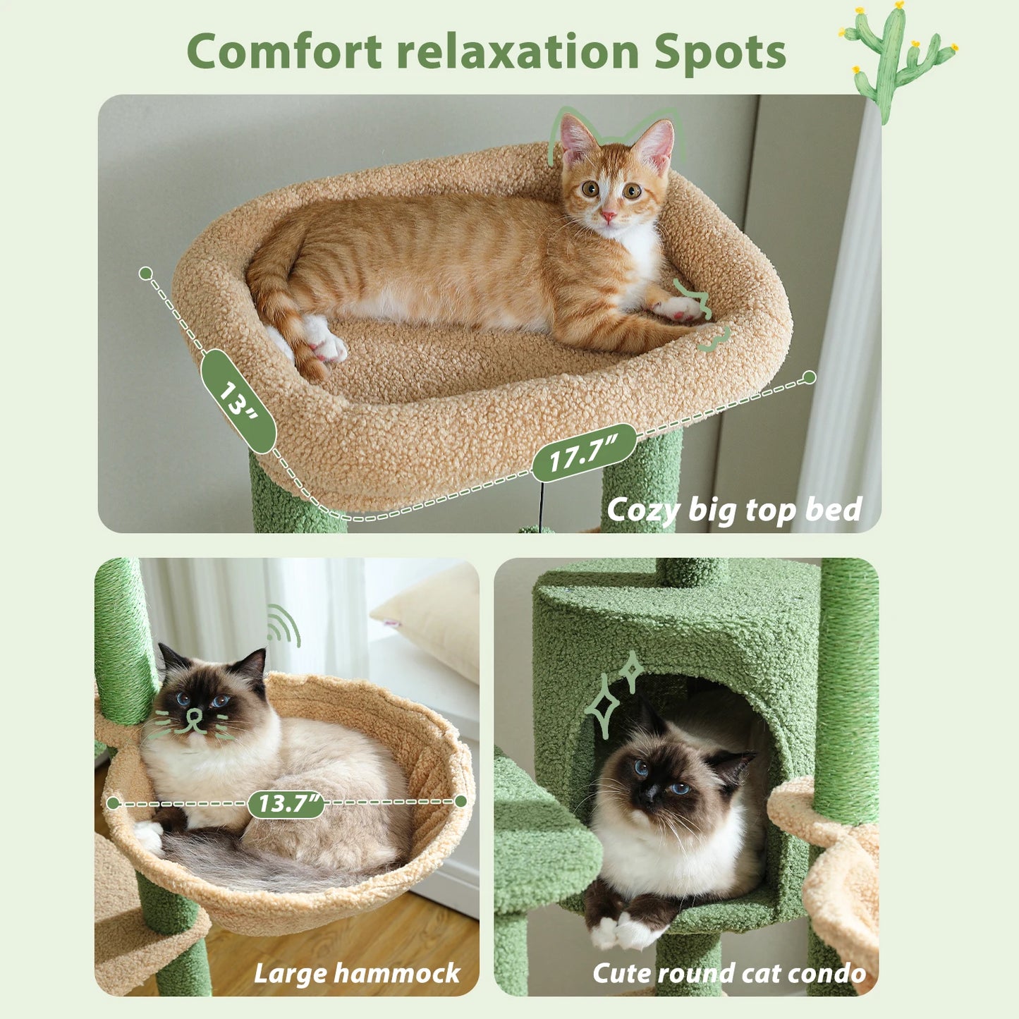 Multi-Level Cactus Cat Tower With Large Hammock, Scratching Post & 2 Perches