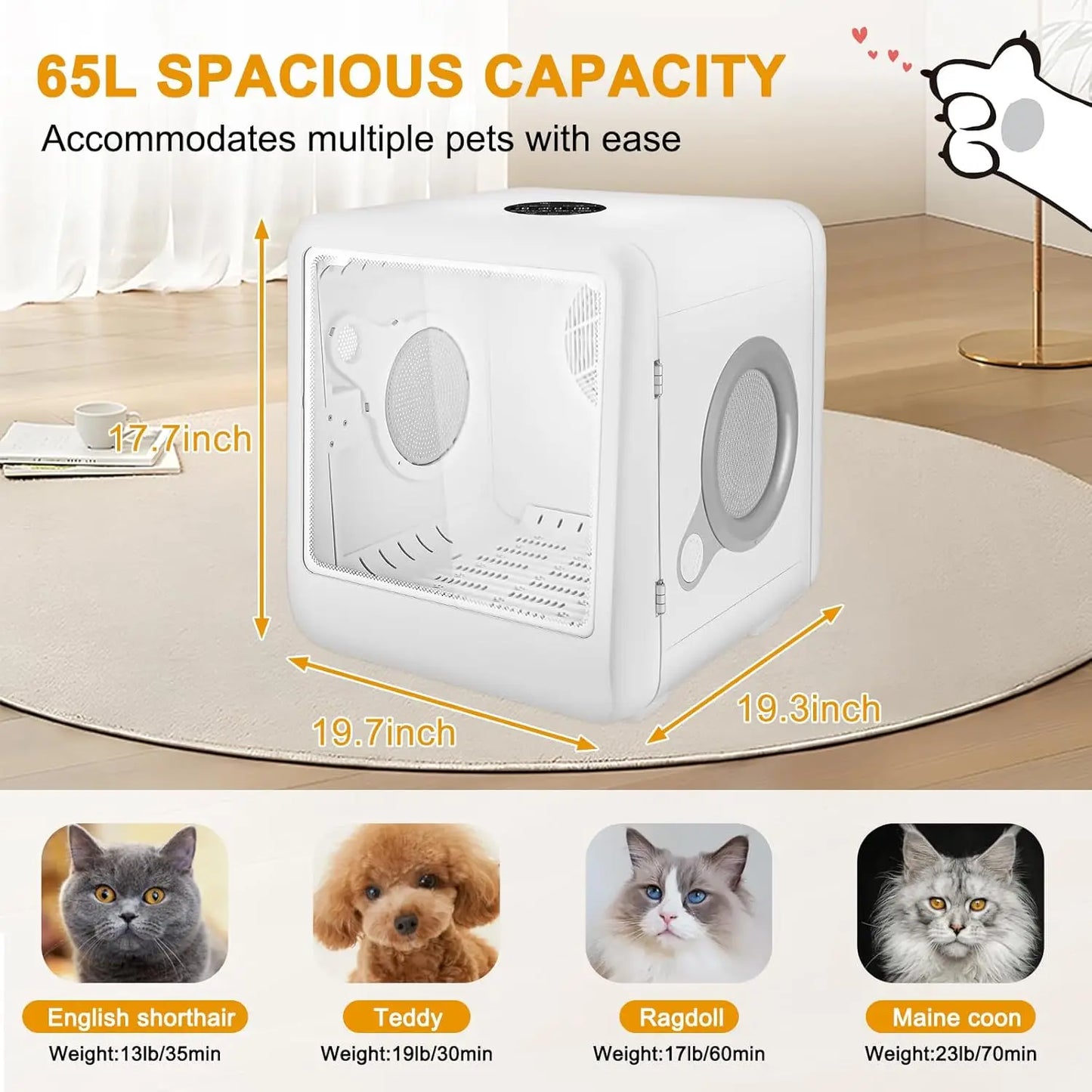 Pet Dryer Box 65L With 4 Quick-Set Modes /Ultra Quiet /Adjustable Temp and Timer (For Small Pets Max 23Lbs)